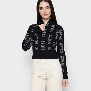Guess Los Angeles Logo Print Quarter Zip Cropped Sweater M